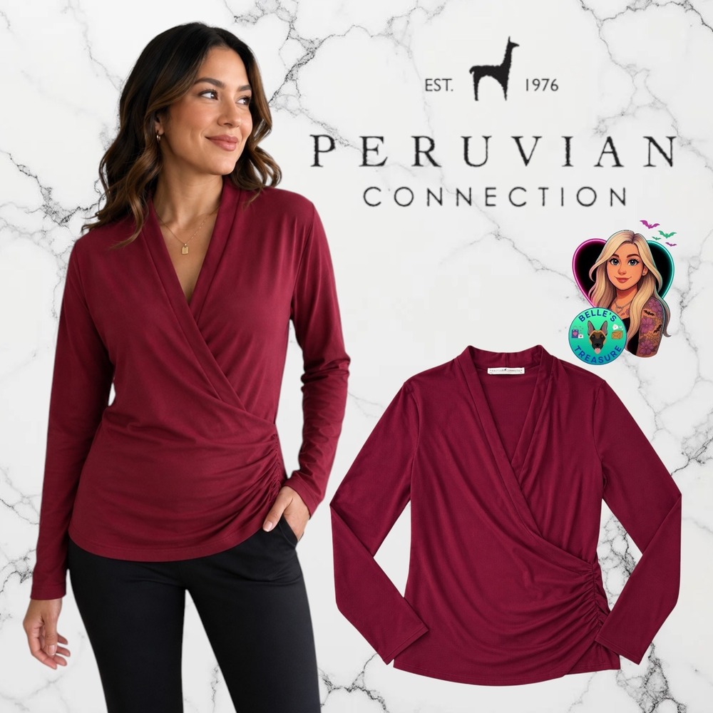 Peruvian Connection Womens XL Long Sleeve Cyprus Top Red Pima Cotton Faux Wrap